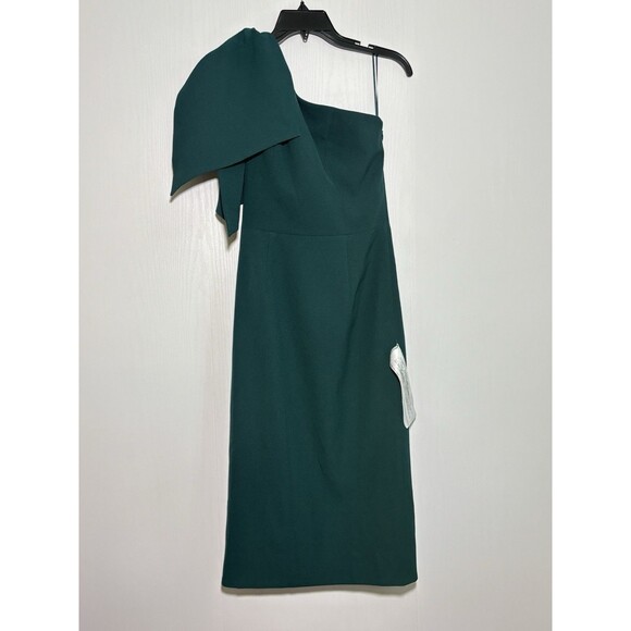 DRESS THE POPULATION Midi Dress Womens Small Green Tiffany One-Shoulder Bow New - Picture 3 of 16